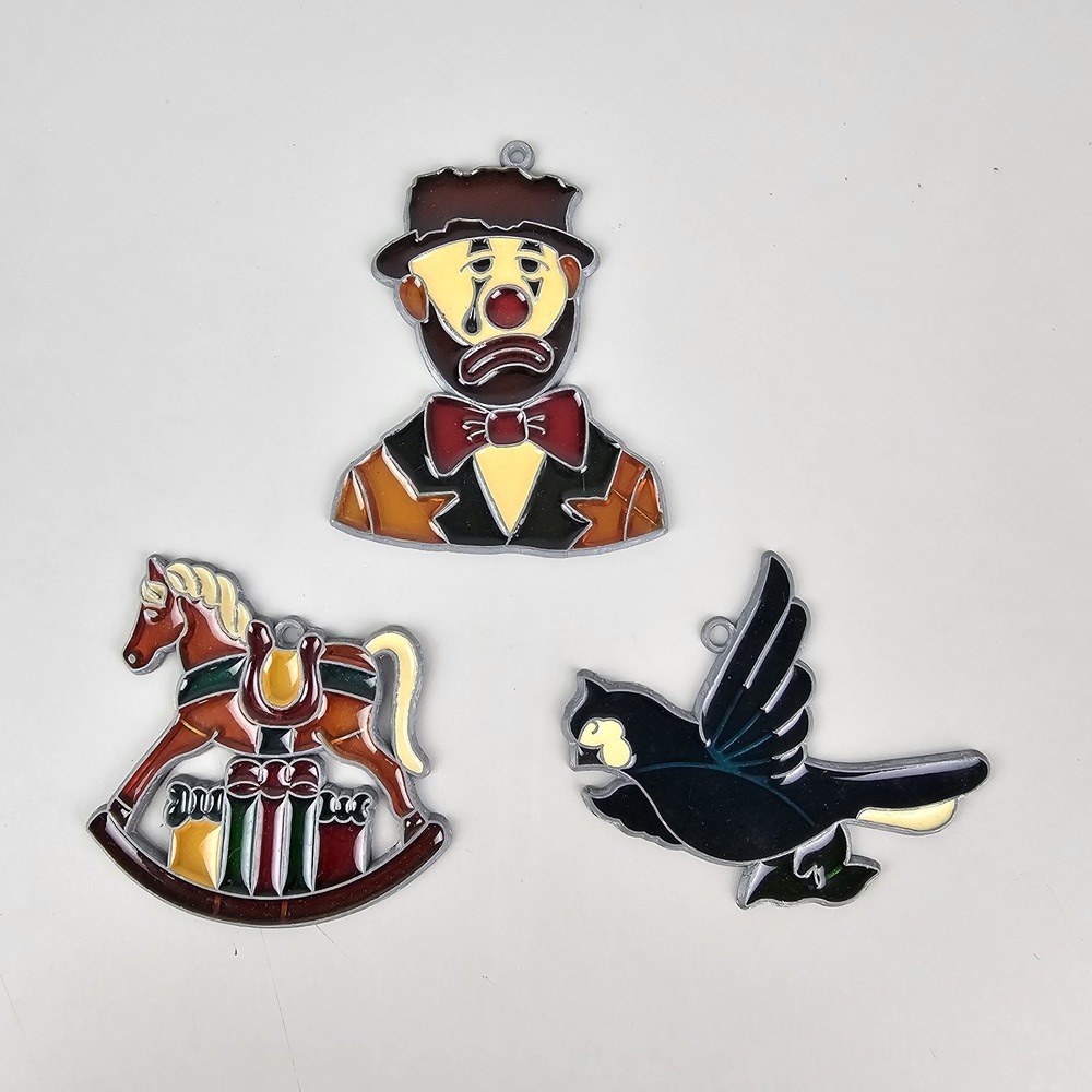 Lot Of 3 Vintage Stained Glass Sun Catchers Clown Bird & Rocking Horse